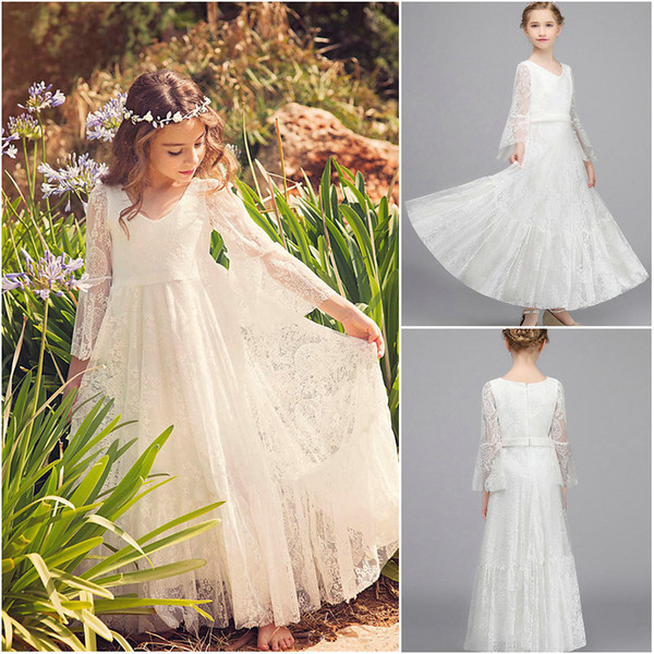 New Lovely White Lace Designer Kids Dresses Plunge V Neckline With Long Trumpet Sleeve Ankle Length Holy Communion Gowns