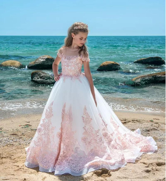 Pink Lace Flower Girl Dresses Applique Short Sleeve Pageant Wedding family party birthday Dress Custom size