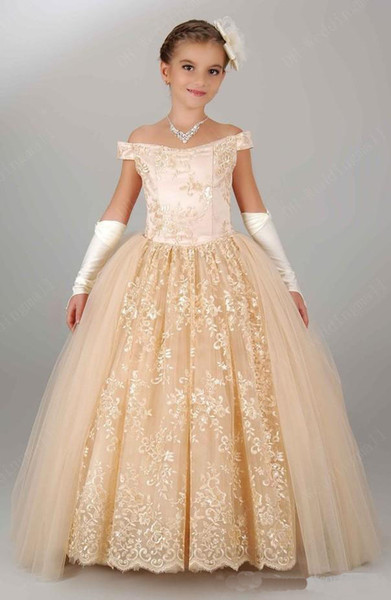 New Lovely Champagne Ball Gown Designer Kids Dresses Lace Tulle Skirt Off Shoulder Sleeves Corset Back Children Party Gowns