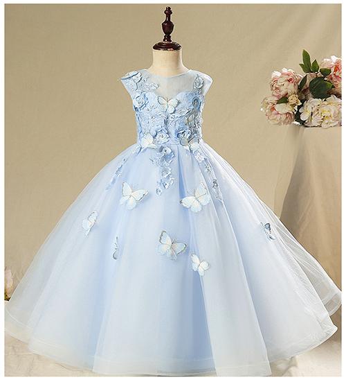Elegant Blue Flower Girl Dresses Sleeveless Long Bridesmaid Kids Child Dress Pageant Formal Party Birthday Princess Gowns Age 4-12