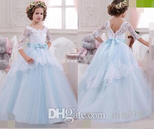 Vintage Flower Girl Dresses with Lace Sleeves Ball Gown Sky Blue Tutu 2017 Cheap Bow Beaded Princess Girls Pageant Dress Kids Birthday Gowns