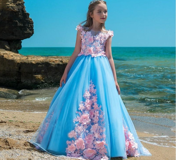 Elegant princess Blue Flower Girl Dresses for Wedding Pink Appliqued Tutu Lace New Arrival Child Girl s Pageant Dresses