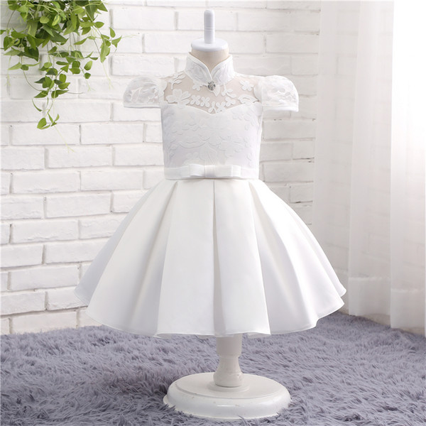 MAGGIEISAMAZING Wholesale high collar back zipper Applique Exposed Boning Kids' Dresses Bridesmaid Dresses with knee length CYH0000TZ017