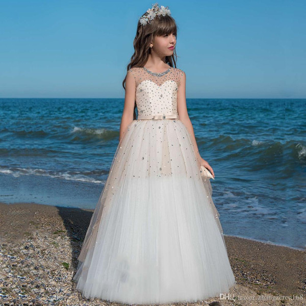 New Flower Girls Dresses Sleeveless Beaded Crystal Sequins Ball Gowns Beading Holy First Communion Princess Pageant Gowns