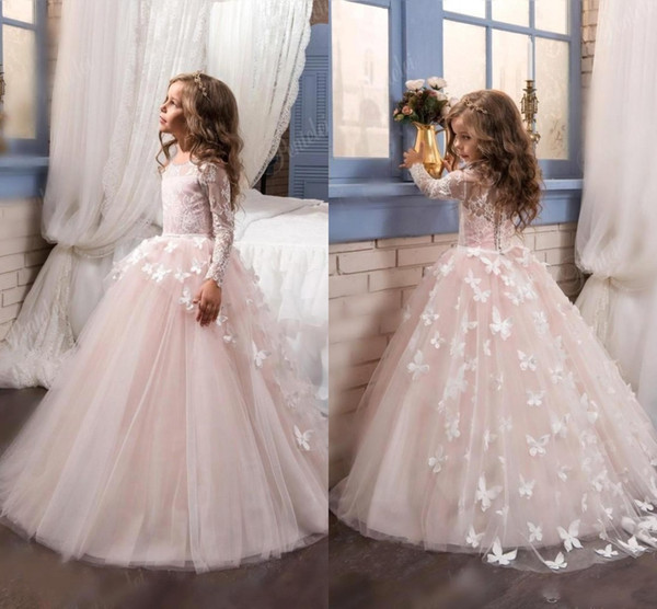 Pink Lace Long Sleeves Ball Gown Flower Girls Dresses Full Butterfly Kids Pageant Gowns Little Girl Birthday Party Dresses