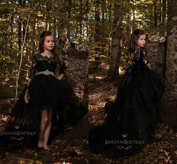 New Wholesale Black Lace Designer Kids Dresses Tulle Jewel Neck Back Out Beaded Sash 3/4 Long Sleeve Girls High Low Party Gowns