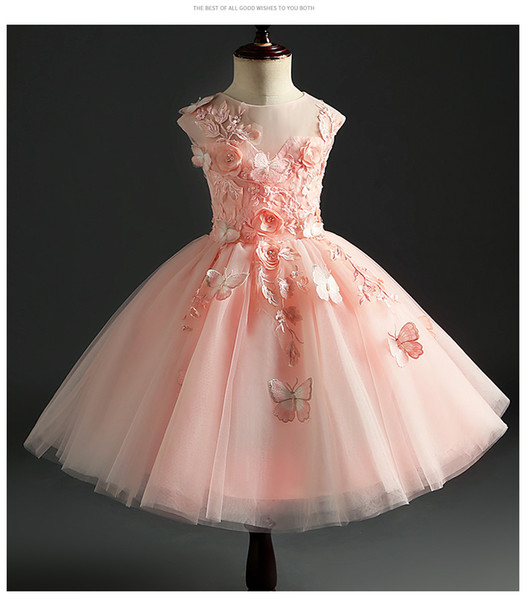 Blush Pink Flower Girl Dresses 3D Handwork Flower Applique Beades Pearls Crystals Butterfly Princess Tulle Sleeveless Pageant Party Gowns
