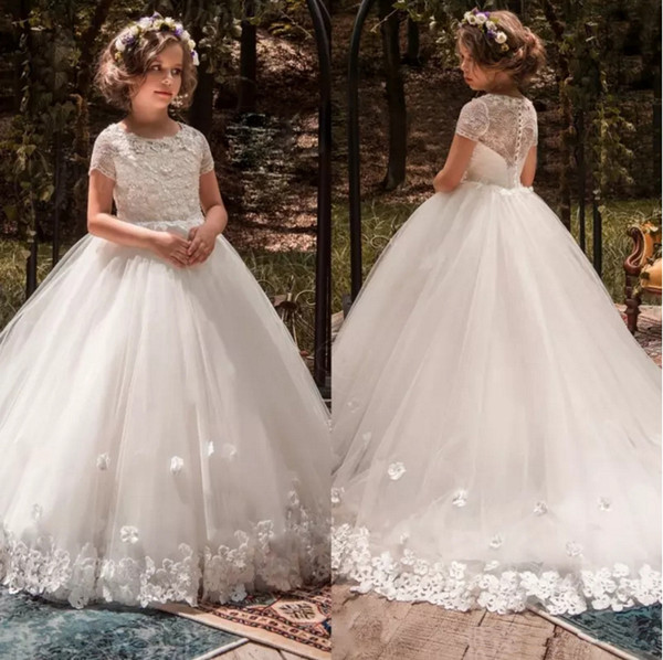 White Lace Flower Girls Dresses Short sleeves 3D Floral Appliqued Lace Little Kids Birthday party dress