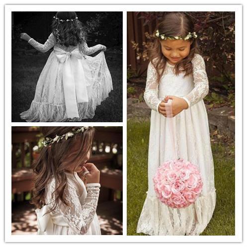 Cheap Long Sleeve Lace Flower Girl Dresses Jewel Ivory A line Floor Length Baby Formal Occasion Skirt First Communion Bridal Gowns Cute