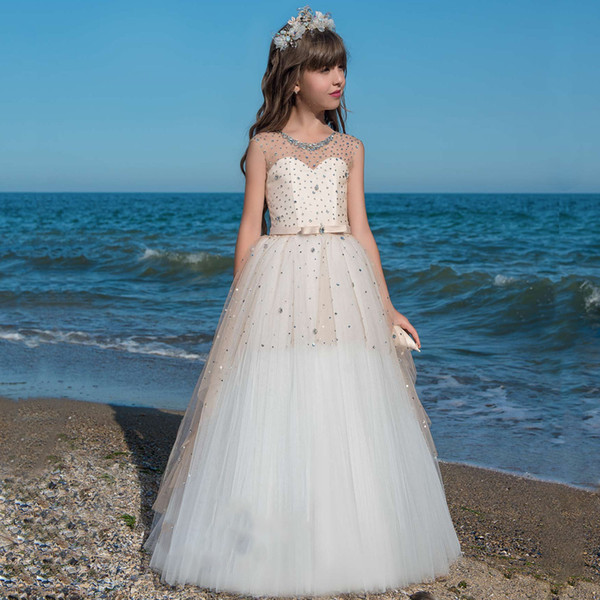 New Flower Girls Pageant Dresses Beaded Crystal SequinsSleeveless Ball Gowns Beading Holy First Communion Princess Gowns