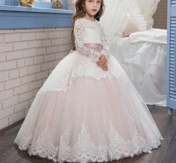 Real photos Communion Ball Gown Long sleeve Flower Girl's Dresses Scalloped Neck Full Length Princess Kids Gowns For Wedding Baby Gowns