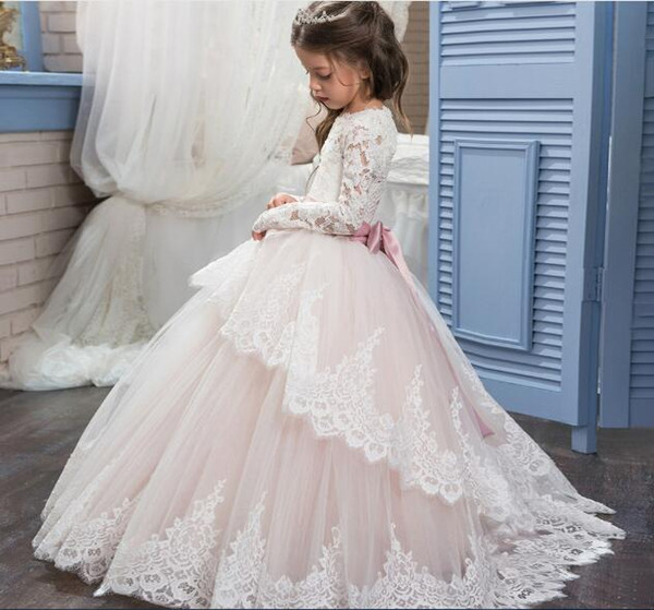 Real pictures Ivory Long Sleeves Wedding Flower Girl's Dresses Ball Gown Tutu Kids Communion Dresses for Girls Pageant