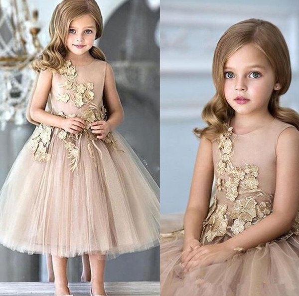 A Line Princess Short Flower Girl Dresses Sleeveless with Gold Lace Applique Wedding Party Tea Length Kids Birthday Dresses kids prom dress