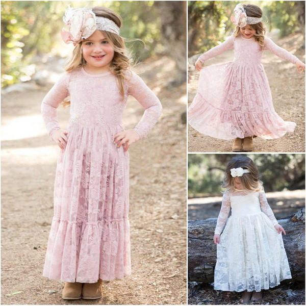 Latest Princess Long Sleeve Pink Lace Designer Kids Dresses Jewel Neck Bow Sash Full Length High Quality Kids Party Gowns