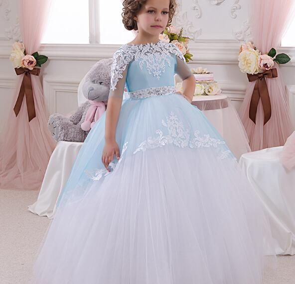 Real pictures Short sleeve Christening Gowns Wedding Flower Girl's Dresses Ball Gown Tutu Kids Communion Dresses for Girls Pageant