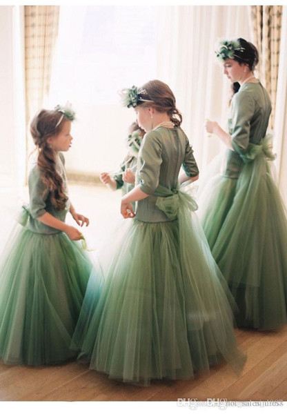 2017 Luxury Flower Girls Dresses Lolita Pageant Party Birthday Prom Wedding Wear Dress Jewel Sheer Long Sleeve A-Line mint green Formal Gown