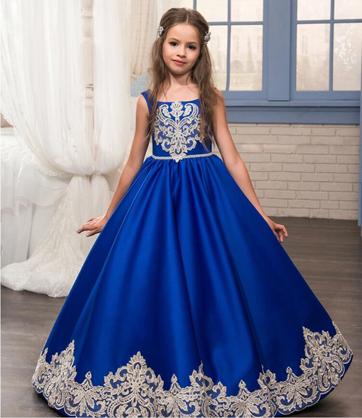 Silk satin Royal blue Flower Girls Dresses with Pocket Scalloped Neck Full Length Princess Kids Gowns For Wedding Baby Gowns