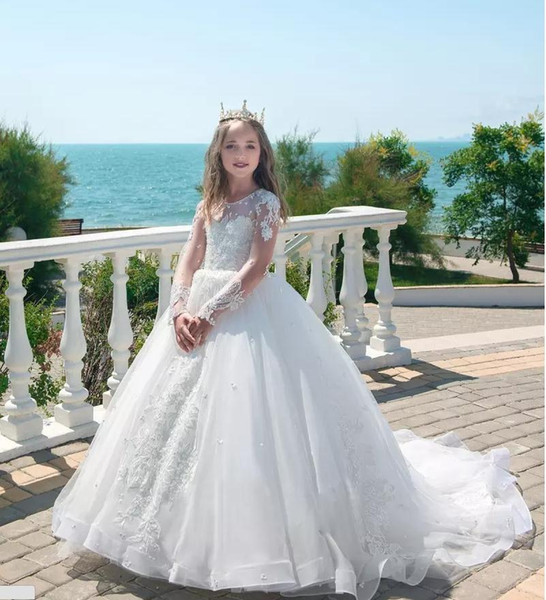 White Lace Flower Girl Dress Applique Jewel Neck Pageant Long Sleeve Princess Family party birthday Dresses