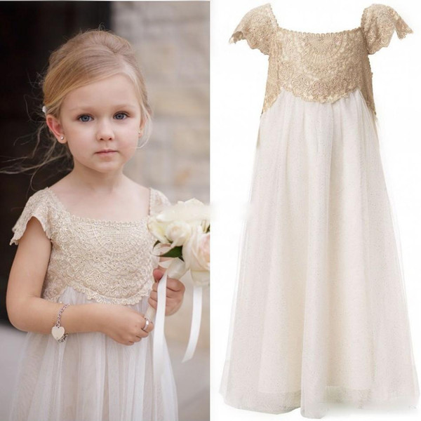 On Sale Lovely Champagne Designer Kids Dresses Lace Bodice Cap Sleeves Square Neckline A Line Long Children Party Gowns