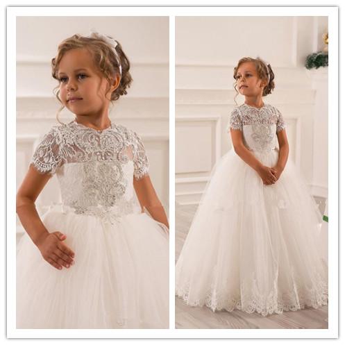 Lace Beaded Little Girls Pageant Dresses Wedding Party Holiday Bridesmaid Birthday Tulle Lace Ivory Flower Girl Dress