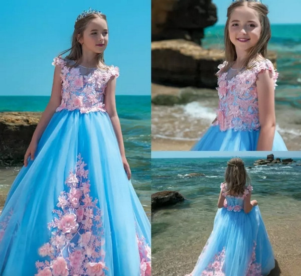 Pretty Flower Girl Dresses Blue tulle for Pink Appliqued Princess Lace New Arrival Child birthday party dress