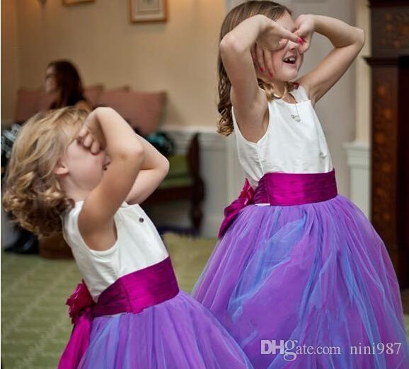 2017 Newest Purple Flower Girls Dresses For Weddings Tulle Elastic Satin Floor Length Ball Gown Pageant Dresses For Girls Free 