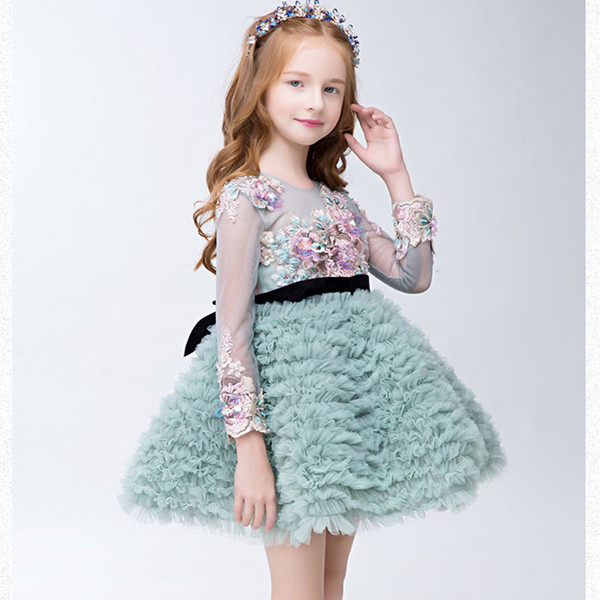 Luxury Flower Girls Dresses Lolita Pageant Party Birthday Prom Wedding Wear Dress Jewel Sheer Long Sleeve A-Line mint green Formal Gown