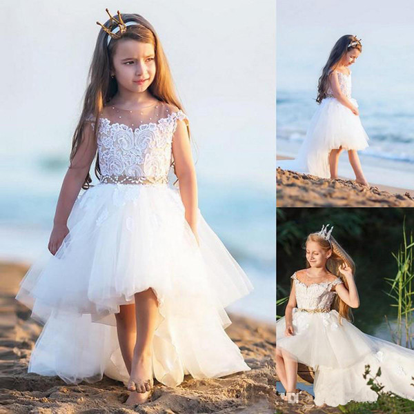 On Sale Lovely White Short Front Long Back Designer Kids Dresses Illusion Jewel Neck Cap Sleeves Lace Bodice Children Party Gowns