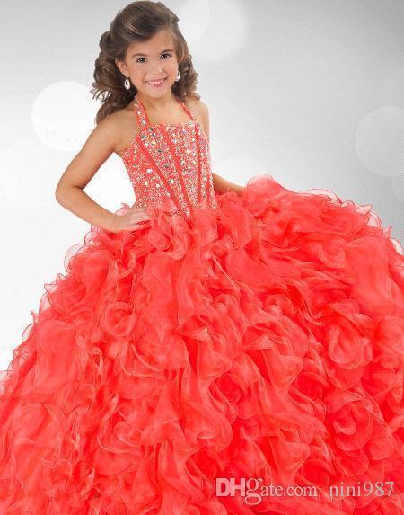 Best sellingCute Girls Pageant Gowns Beaded Halter Ball Gown Ruffled Backless Lace Up Charming Formal Graduation Dresses Flower Girl Dresses