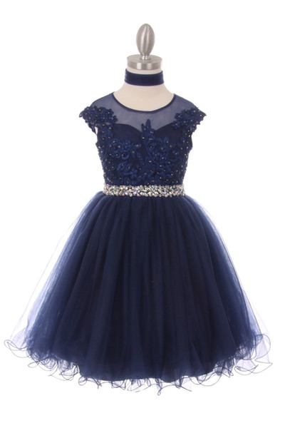 Hot Sale Designer Kids Dresses Navy Illusion Jewel Neck Tulle A Line Applique Beaded Kids Pageant Dresses Girls Party Gowns