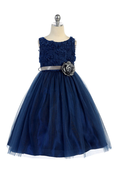 Hot Sale Princess Navy Blue Designer Kids Dresses A Line Tulle Jewel Neck Flowers Bodice Formal Wear Kids Pageant Dresses Girls Party Gowns