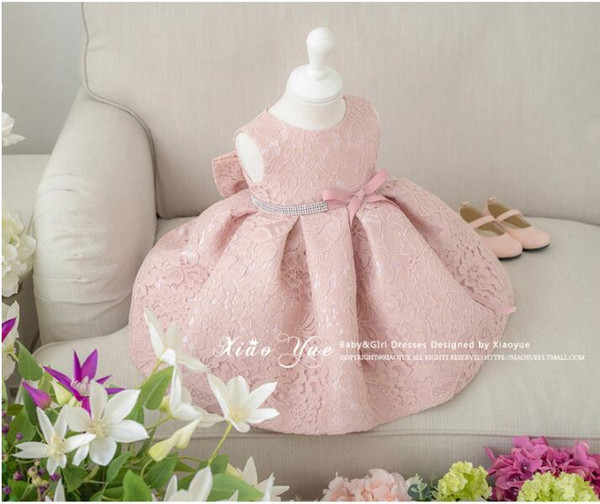 Blush Pink/White Flower Girl Dresses Sleeveless High Quality Lace Bridesmaids Kids Gowns Princess Party Pageant Dress+Bowknot Size 2-10