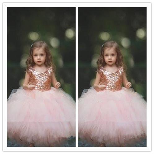 communion dress Rose Gold Sequins Blush Tulle Ball Gown Flower Girls' Dresses Cap Sleeve Puffy Little Girls Formal Wedding Party Dress
