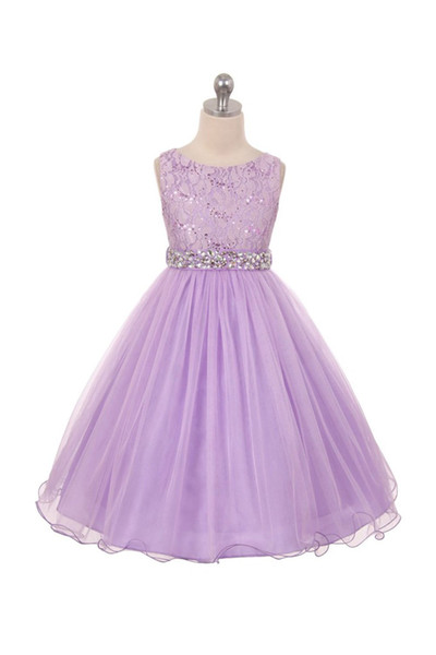 On Sale Lilac Designer Kids Dresses Organza A Line Jewel Neck Lace Bodice Beaded Belt Formal Wear Girls Party Gowns