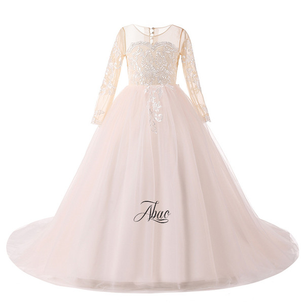 Real pictures Vintage Princess Girls Pageant Dress Nice Kids Birthday Gowns Flower Girl Dresses with Long Sleeves Ball Gown Tutu