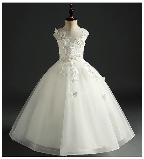 New Princess White Lace Flower Girl Dresses Long Kids Formal Birthday Party Pageant Gowns Sleeveless Floor Length 3D Handwork Flower