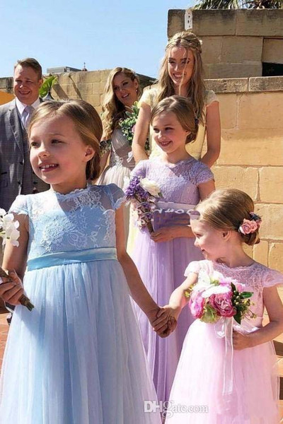 On Sale Designer Empire Flower Girls Dresses Lace Bodice Cap Sleeves Lovely Full Length Girls Party Gowns