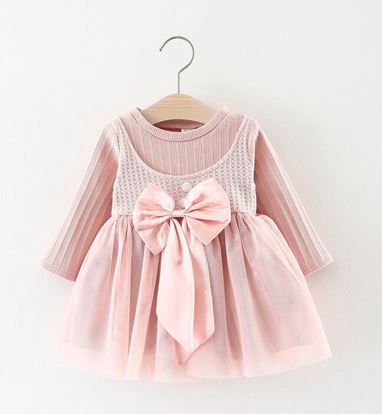 New Arrival Lovely Pink White Gray Baby Girl Dresses Princess Long Sleeve With Bowknot Spring Kids Gowns Children Skirt 1-3Y 2019 Hot Sale