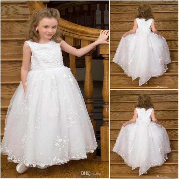 Designer White Holy Princess Girls Party Gowns Organza Jewel Neck Zipper Back Bow Sash Applique Kids Formal Wear