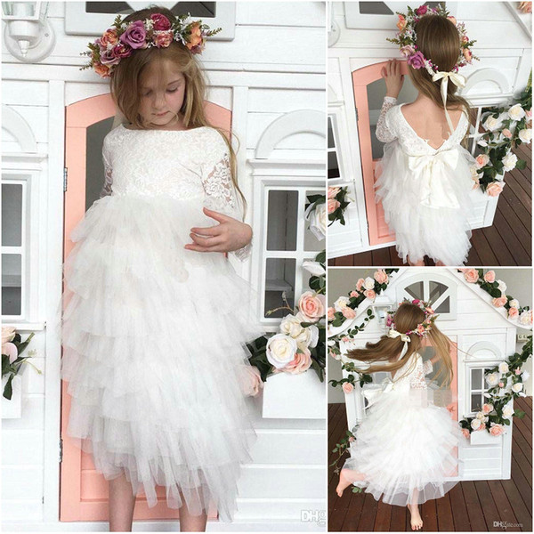 Designer Holy Princess Girls Party Gowns Lace Bodice Boat Neck Bare Back Tiered Skit Long Sleeves Kids Formal Wear Tea Length