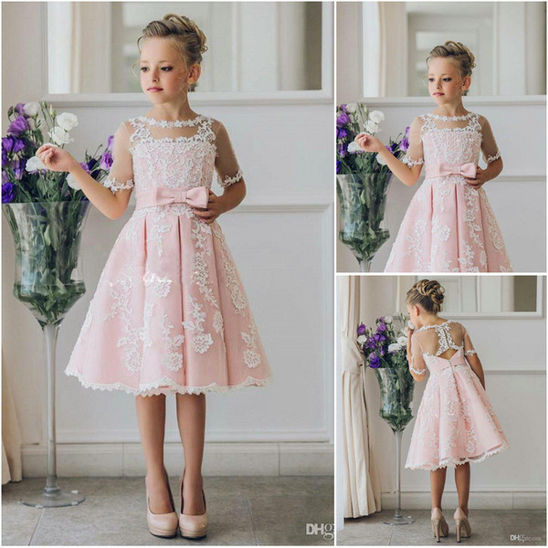 Designer Charming Blush Pink Knee Length Girls Dresses Lace Applique Illusion Boat Neckline Half Sleeves Bow Belt Girls Party Gowns