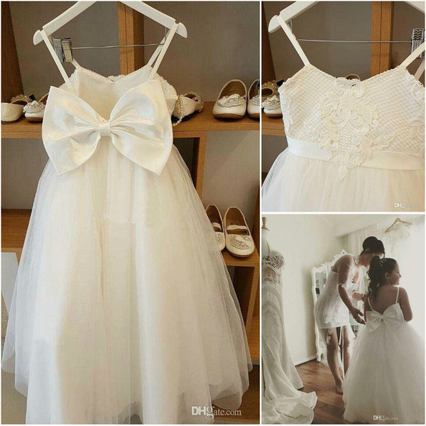 Designer Holy Princess Girls Party Gowns Spaghetti Straps Bare Back Lace Bodice Bow Full Length Kids Formal Wear