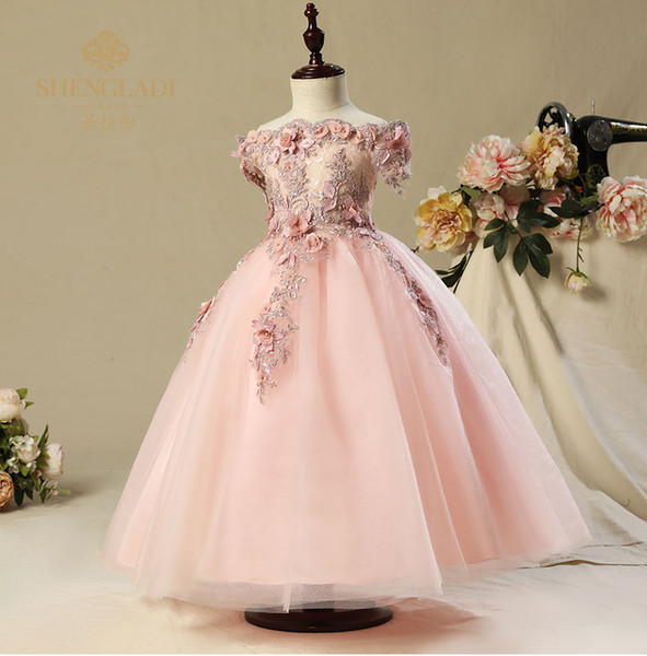 Pink Elegant Flower Girl Dresses Handwork Flower Lace Applique Off The Shoulder Princess Pageant Long Formal Birthday Party Gowns 