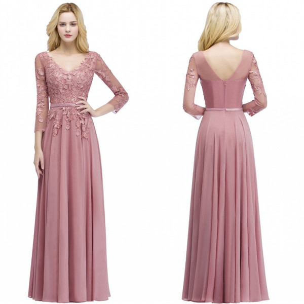 Mother Of Bride Groom Dress A Line Chiffon Vintage 3/4 Long Sleeves Floor Length Evening Prom Dress Bridesmaids Gown CPS911