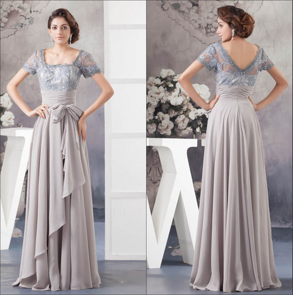 Short Sleeves Chiffon Mother Dresses Elegant Lace Top Beaded Ruffles Ruched Floor Length Formal Party Prom Dresses WD4-1035