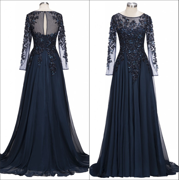 Navy Blue Sheer Long Sleeves Chiffon Mother Of The Bride Dresses Beaded Stones Floor Length Formal Party Evening Dresses BA9135