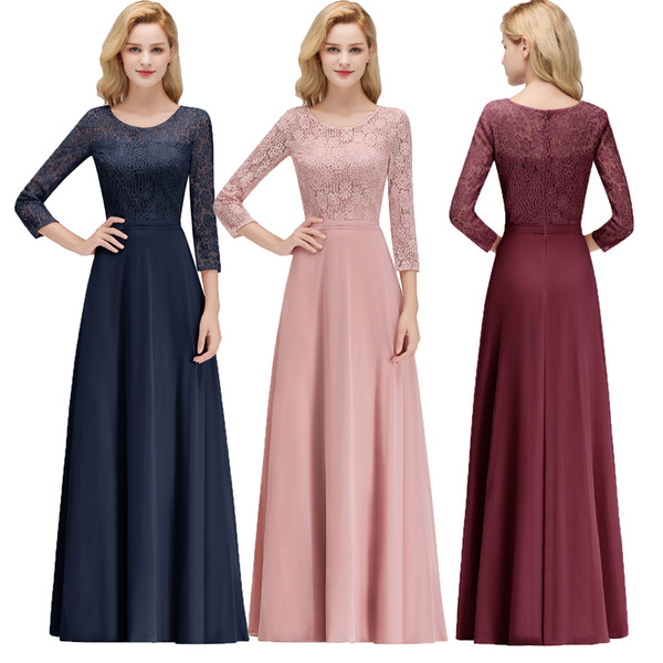 New Cheap Designer 3/4 Long Sleeves Mother of Bride Dresses Lace Top Scoop Neck Floor Length Formal Evening Party Prom Gown CPS1071