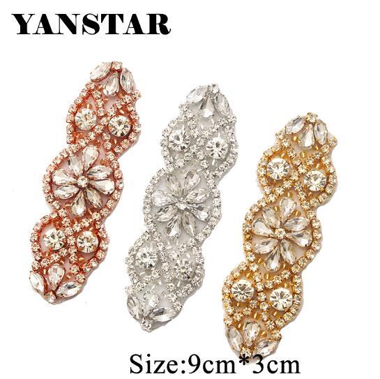 YANSTAR (2pcs) Handmade Bridal DIY Rose Gold Crystal Rhinestones Appliques Patch For Bridal Gown Sash Accessory YS853