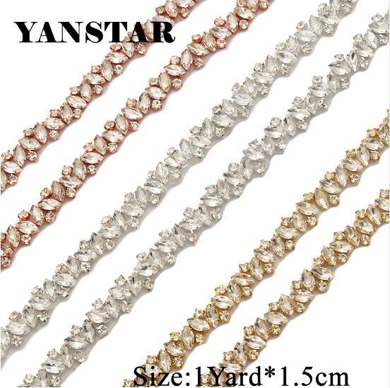 YANSTAR 1Yard Thin Rhinestone Appliques Trim For Bridal Gown Belt Rhinestone Appliques DIY Bridal Gown Sparkle Crystal YS863