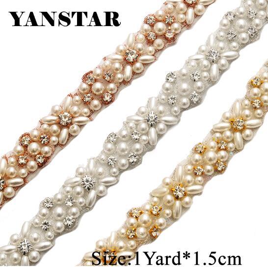 YANSTAR Bridal Pearls Rhinestones Appliques Trim By The 1 Yard *1.5cm For Bridal Sash Rose Gold Crystal YS803
